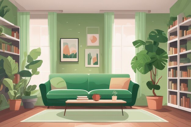평평 한 미술 양식 의 소파 와 책장 이 있는 초록색 거실