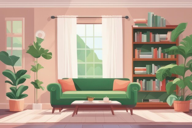 フラットアートスタイルのソファと本棚のある緑のリビングルーム