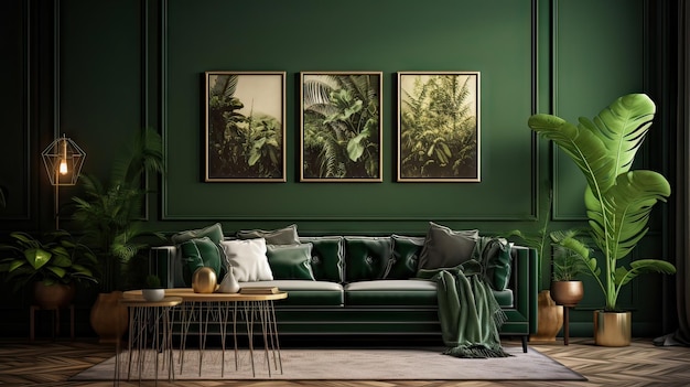 Photo a green living room with a couch and pictures on the wall