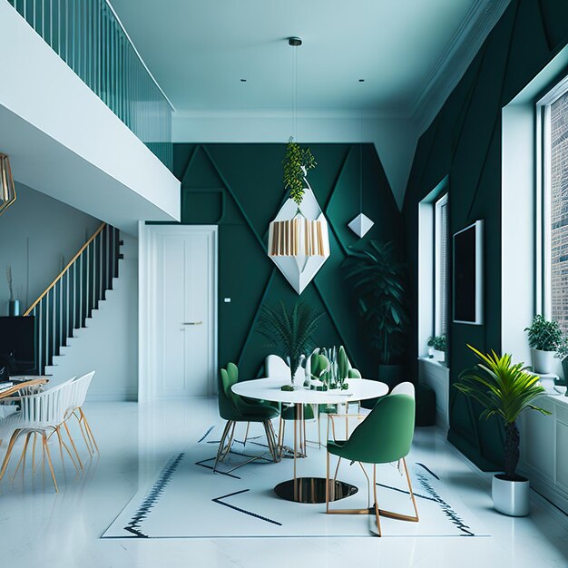 Green living room with free space with golden details