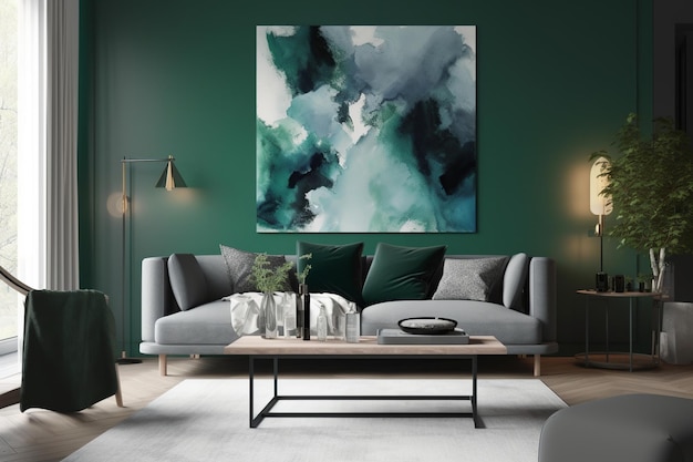 A green living room with a large painting above it.