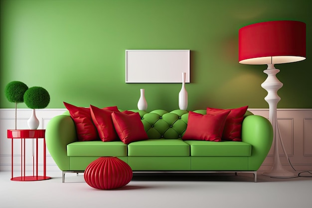 緑のリビング ルームに赤いソファ テーブルとアクセント