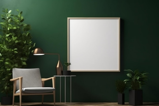 A green living room with a white frame on the wall and a plant on the wall.