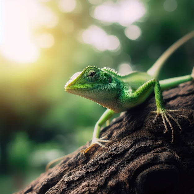 green lizard on a branch in the forest