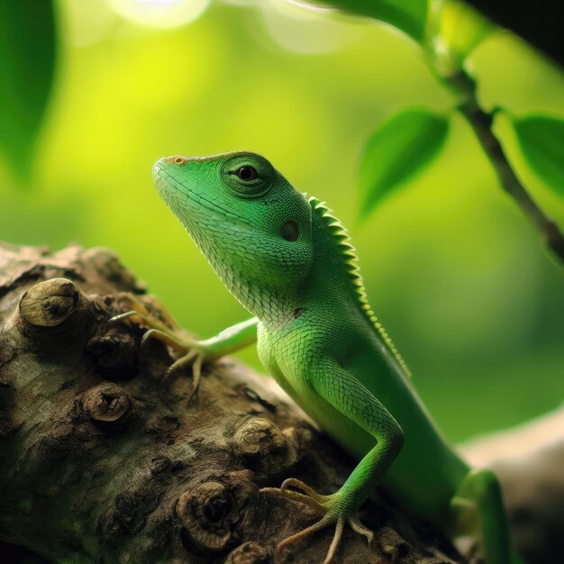 green lizard on a branch in the forest