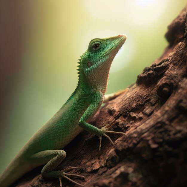 green lizard on a branch in the forest