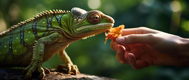 Photo a green lizard eating a piece of food from a person's hand