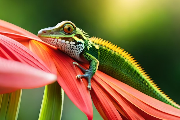 A green lizard on a flower with a green and yellow tail.