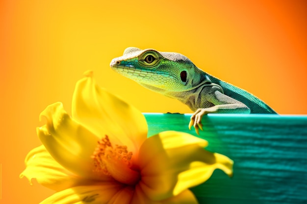 Green lizard and flower