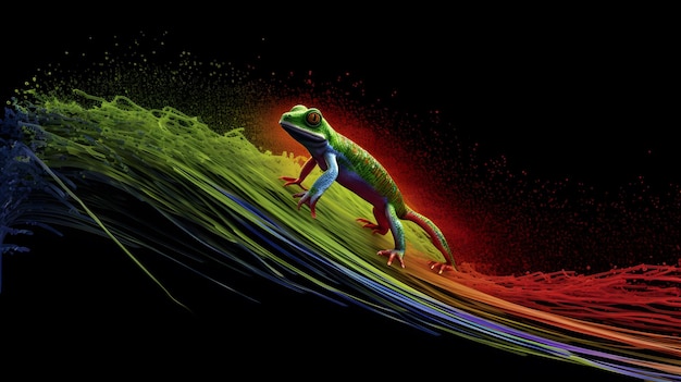 Photo a green lizard on a wave with a green lizard on it.