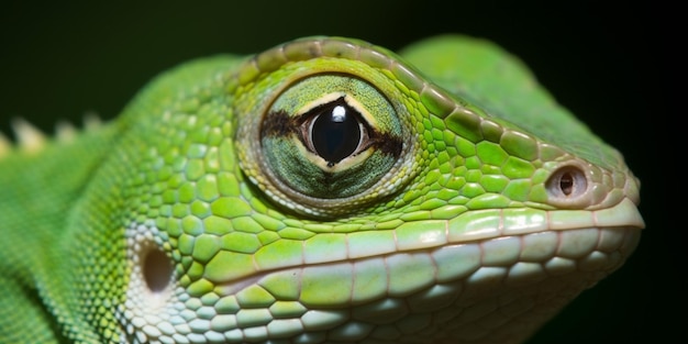 A green lizard with a black spot on the eye