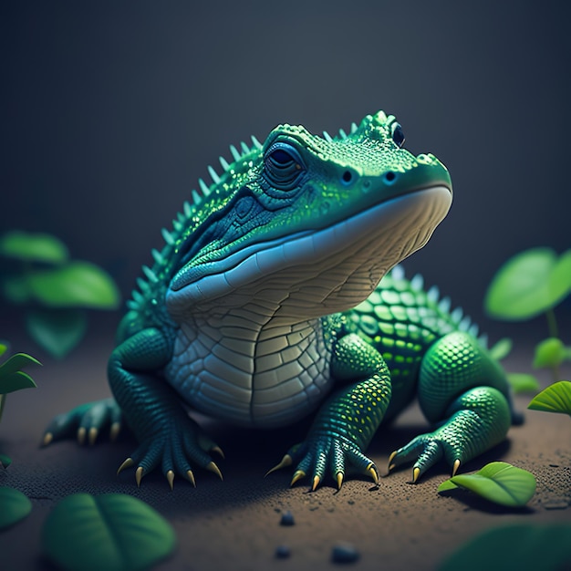 A green lizard with a blue face sits on a dirt surface with leaves on it.