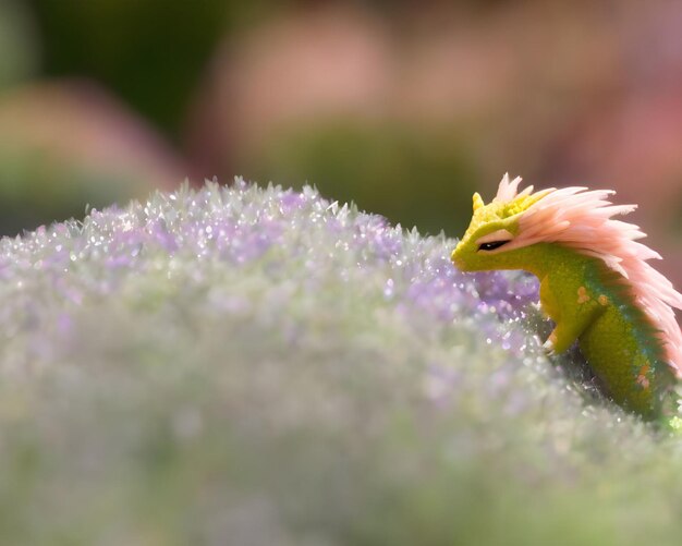 Photo a green lizard with a green and orange mohawk is surrounded by purple flowers.