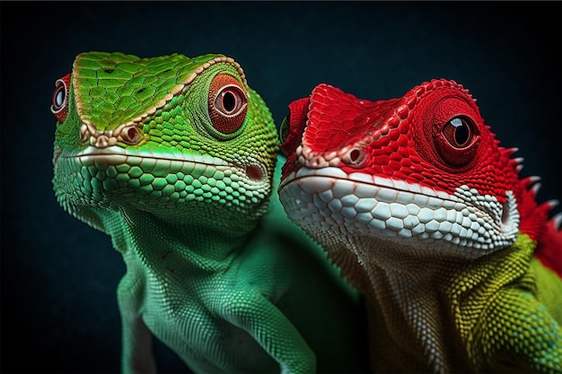 Зелёная ящерица с красным глазом и зеленой головой с красными пятнами на вершине