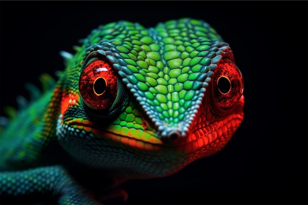 A green lizard with a red eye and a green head with a red spot on the top