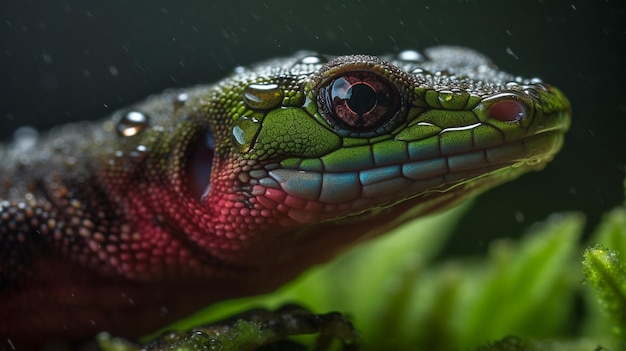 A green lizard with a red head and a green head with a red spot on the bottom.
