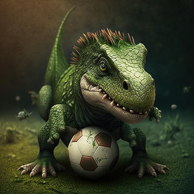 A green lizard with a soccer ball in his mouth.