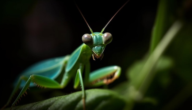 Green locust on leaf close up macro shot generated by AI