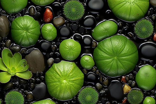 Green lotus on black pebbles with water drops background