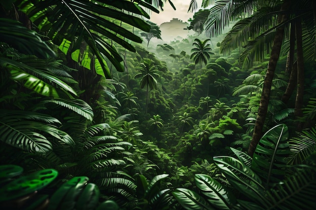 Зеленый пышный джунгль на заднем плане Путь в зеленый лес На заднем плане обои с генеративным Ai