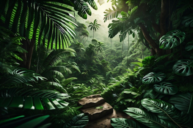 写真 緑豊かなジャングルの背景緑の森への道壁紙背景生成 ai