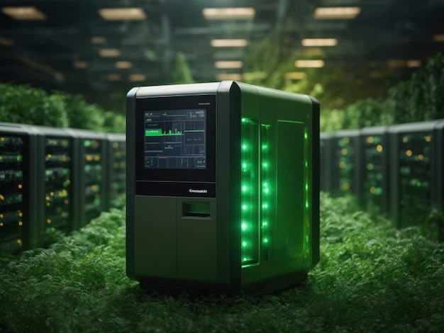 a green machine in a field of plants with a green light on it