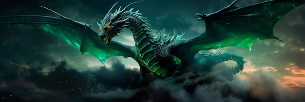 Photo a green magic dragon that makes a light effect in the sky