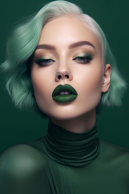 Green makeup with a green lip and a silver necklace