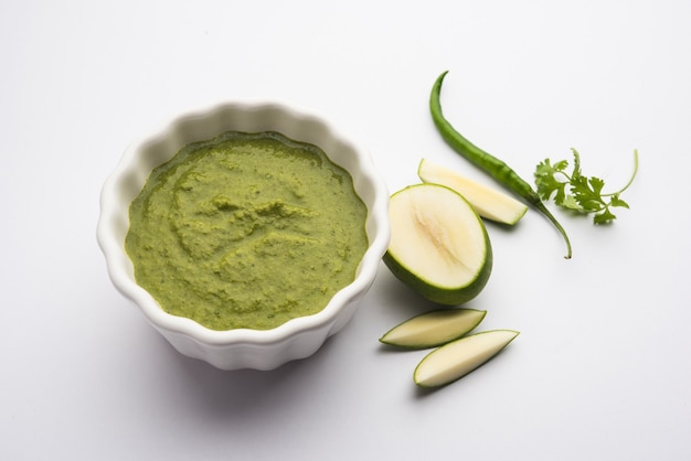 Green mango chutney, also known as raw mango chutney, is an Indian chutney prepared from unripe mangoes