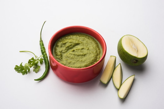 Green mango chutney, also known as raw mango chutney, is an Indian chutney prepared from unripe mangoes