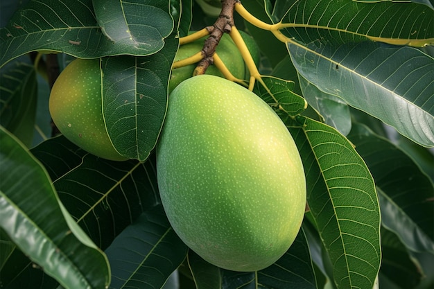 Green mango on tree Young fruit with leaves in background