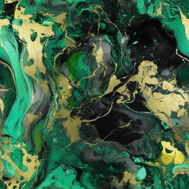 A green marble painting with gold and green colors.