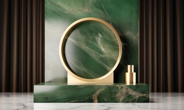 A green marble vanity with a mirror on the top.