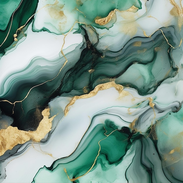 A green marble wallpaper that has gold and green marbles.