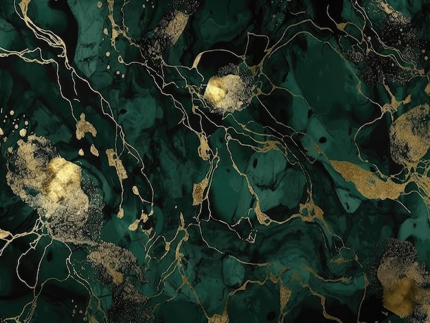 A green marble wallpaper with gold leaf designs.