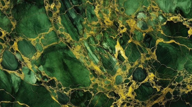 A green marble with gold dots and green swirls.