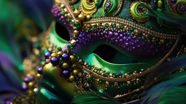 Photo a green mardi gras mask with beads and beads