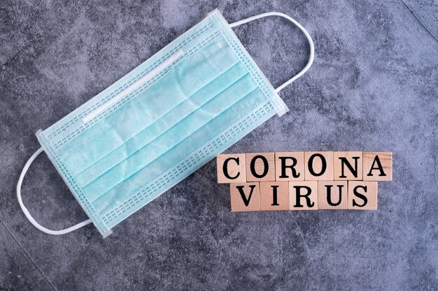 Photo green mask and wooden box word coronavirus placed on a black cement floor