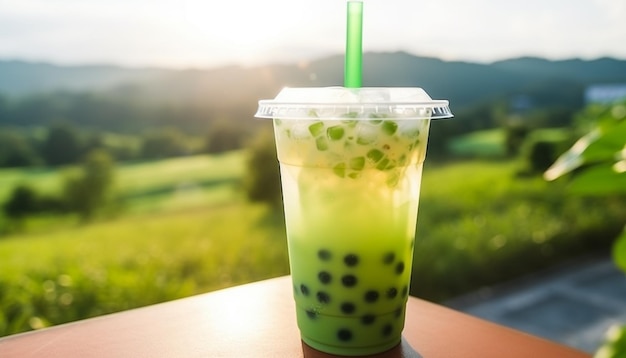 Green matcha bubble tea with ice cubes in cup against tea plantations softlight Antioxidant and dietary vegan cocktail for healthy breakfast or snack