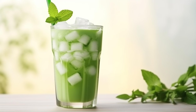 Зеленый пузырьковый чай матча с кубиками льда в чашке на белом деревянном столе на светло-зеленом фоне, мягкий свет. Антиоксидантный и диетический веганский коктейль для здорового завтрака или перекуса.