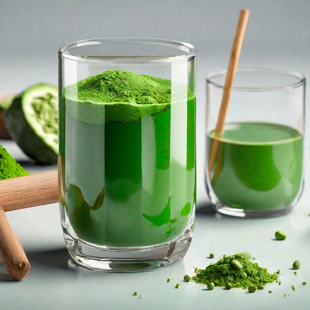 Green matcha latte in a glass with ingredients on a light background