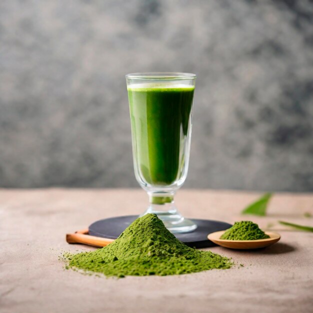 Green matcha latte in a glass with ingredients on a light background