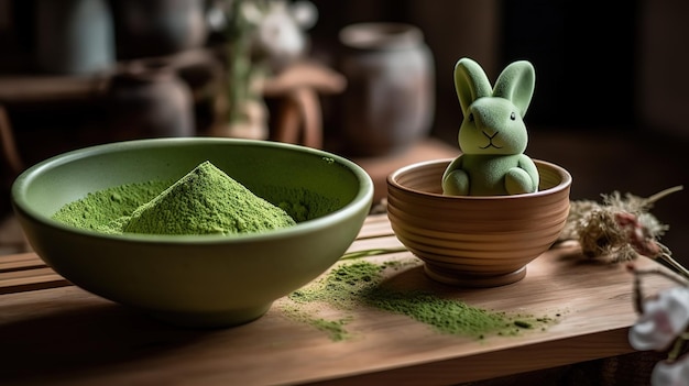 green matcha powder in a wooden bowl on a wooden table besides an easter bunny