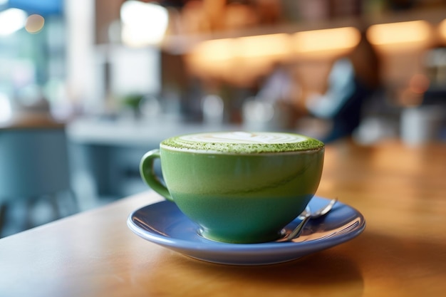 Напиток из зеленого чая маття на кухонном столе. Сгенерировано AI.