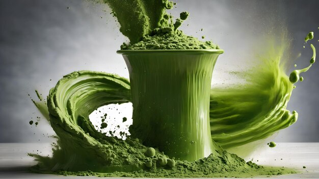 Photo green matcha tea powder falling generated with ai