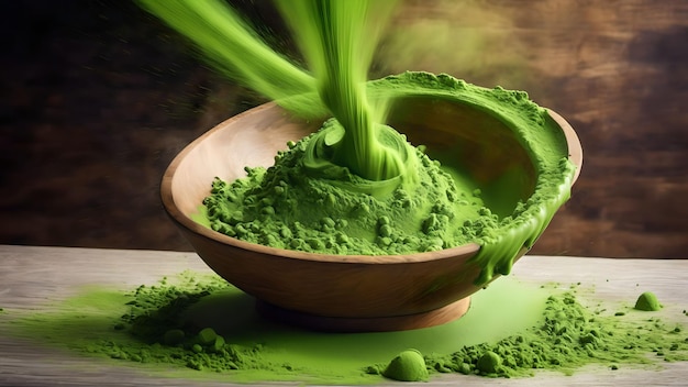 Green matcha tea powder falling Generated with AI