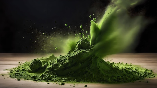 Green matcha tea powder falling Generated with AI