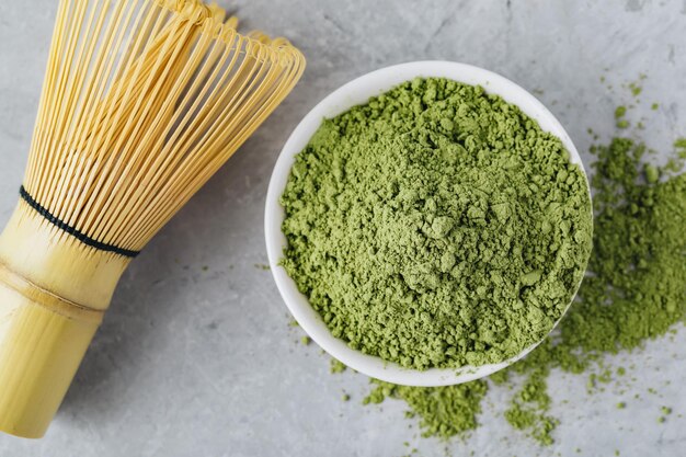 Green matcha tea powder in white bowl on gray stone background Top view