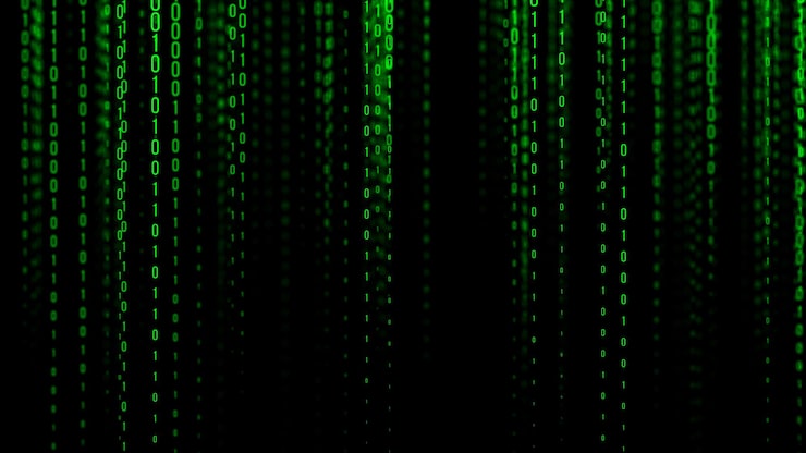 Photo green matrix background technology stream binary code digital illustration programming coding hacking and encryption 3d rendering