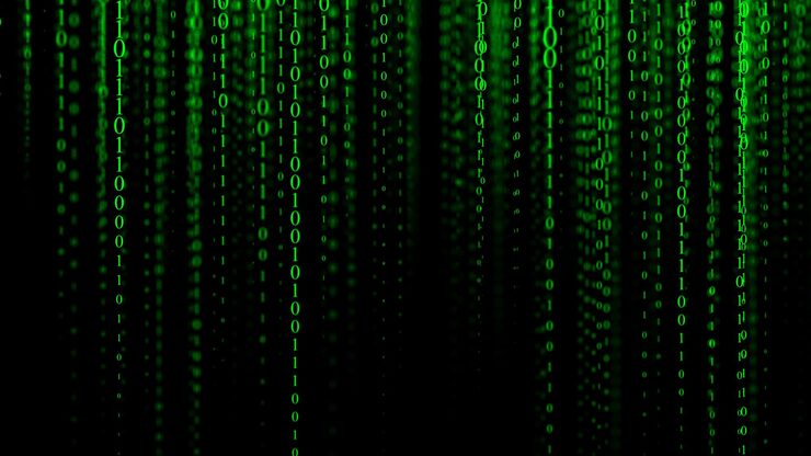 Photo green matrix background technology stream binary code digital illustration programming coding hacking and encryption 3d rendering